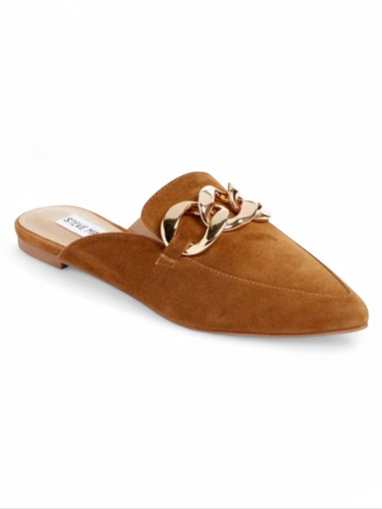 Steve Madden Shoes - Steve Madden Tan Suede Chain-Trim Mules.